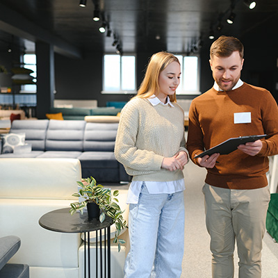 Hombre asesorando mujer en una tienda de sofás